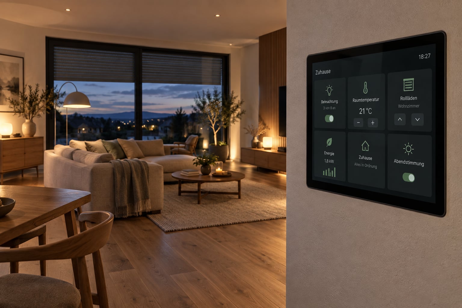 Beispielvisualisierung: Wohnzimmer mit Wandtablet zur Smart-Home-Steuerung