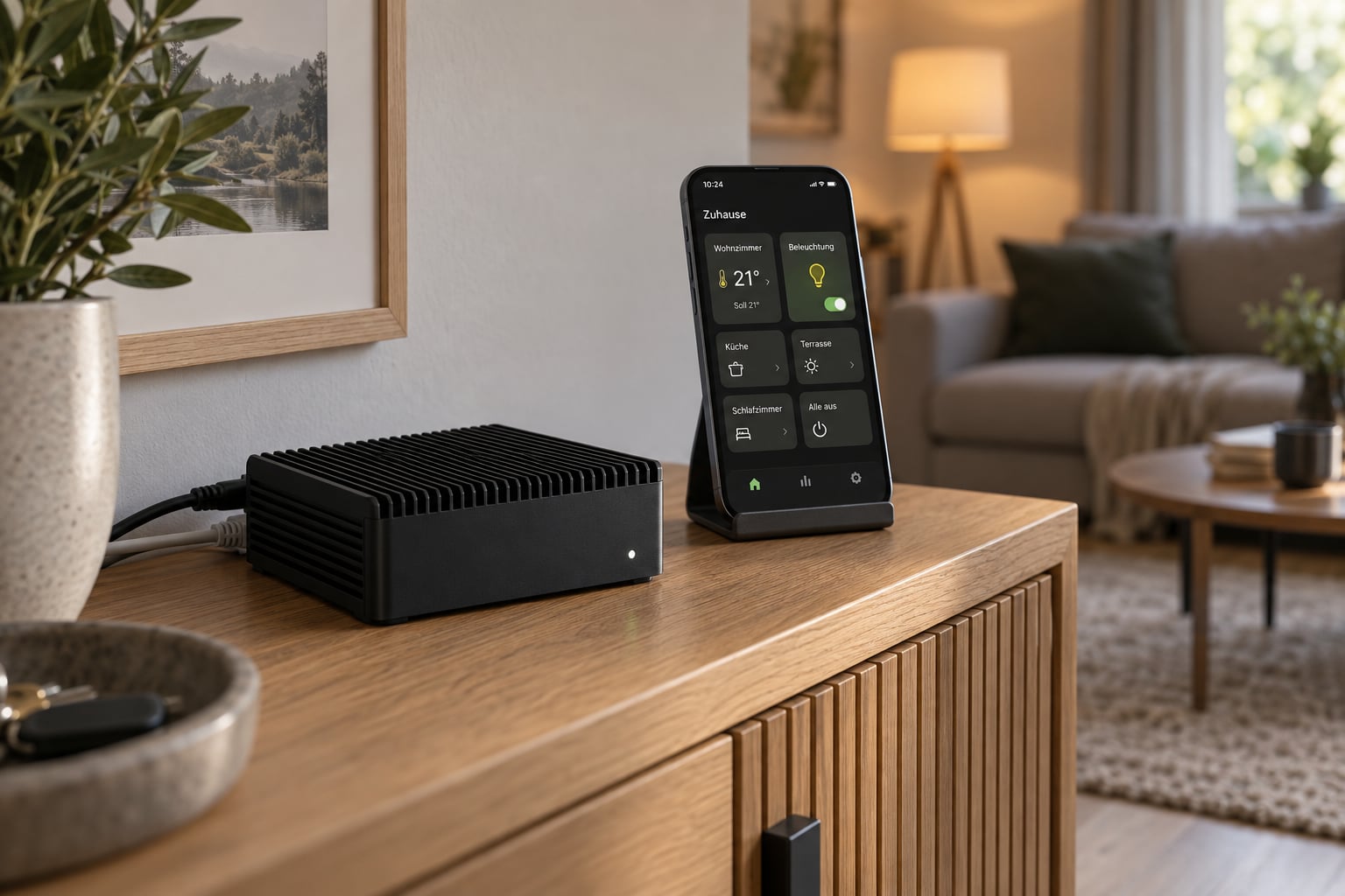 Beispielvisualisierung: kompakter Smart-Home-Mini-Server mit Netzwerkkabel und Smartphone auf einer Wohnraumkommode
